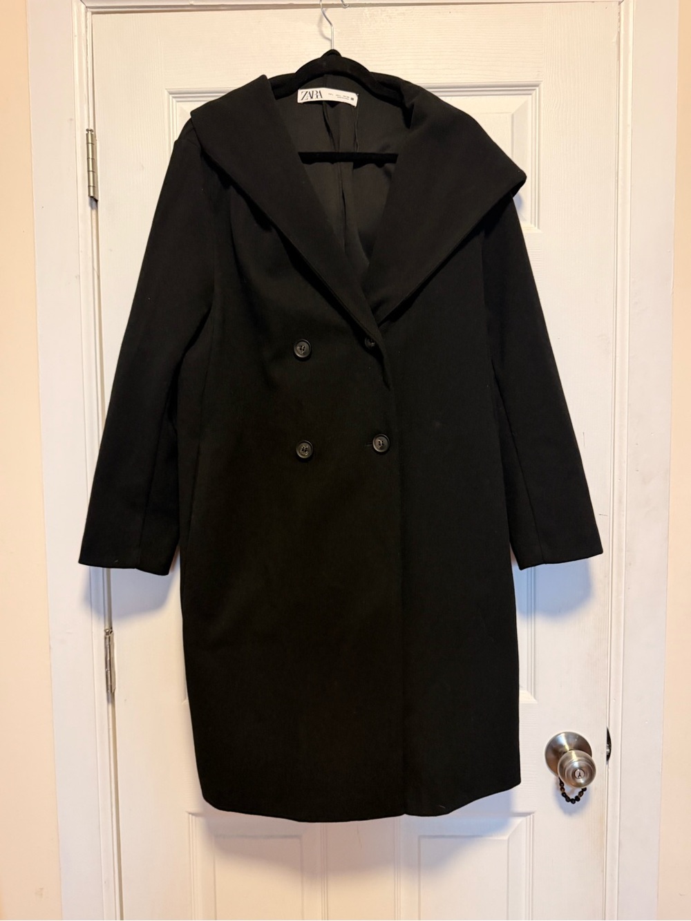 Zara Black Double-Breasted Hooded Trench Coat